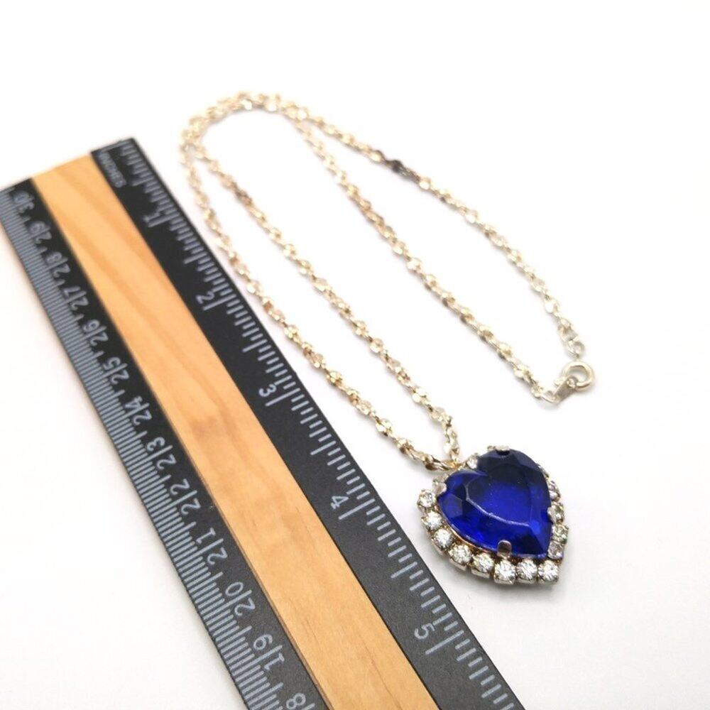 Vintage Blue Heart Pendant Necklace, Signed BC Lind 1998, Clear Rhinestones, 17" - Picture 7 of 11